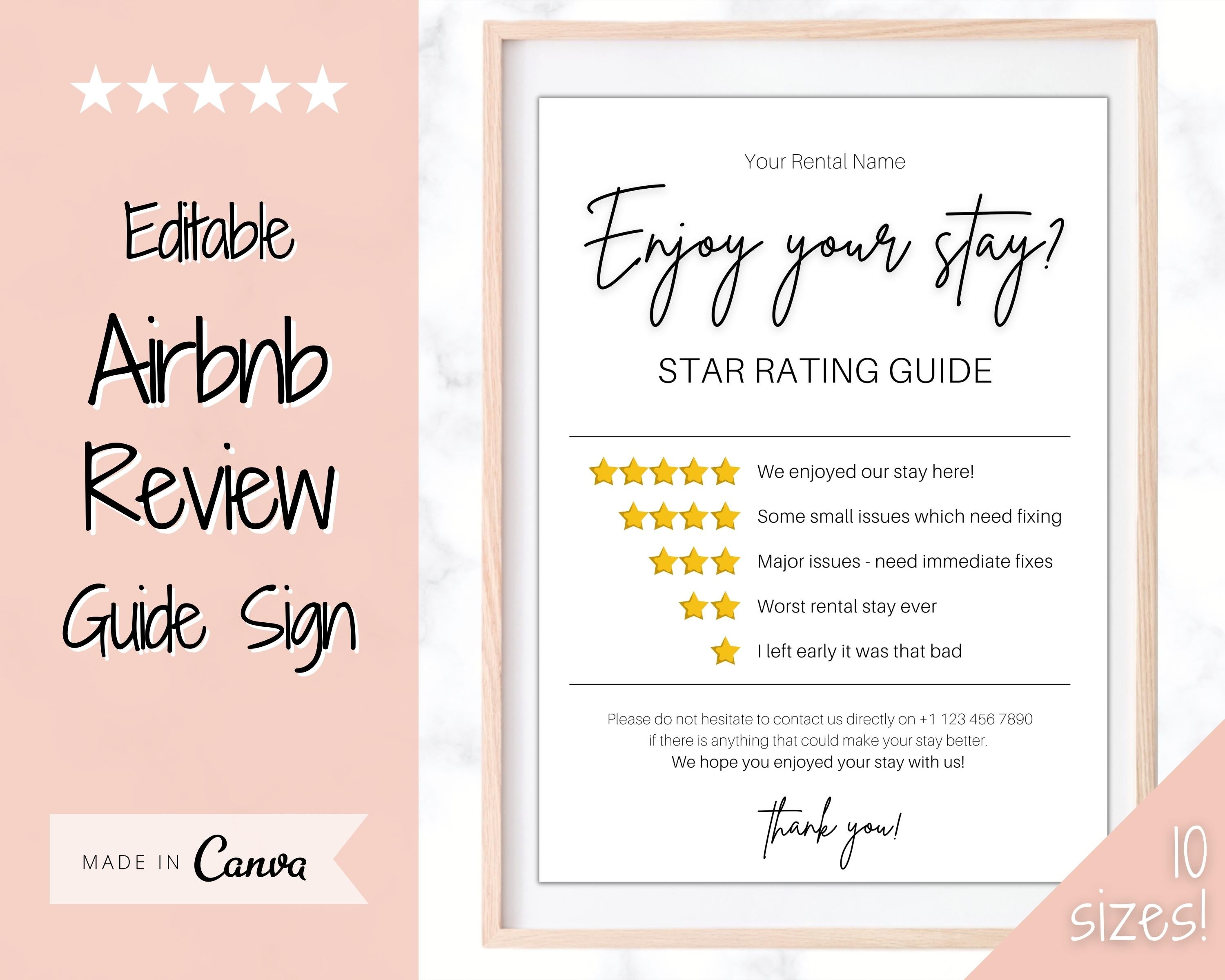 Airbnb RATING Sign, Airbnb Template, 5* Review Airbnb Signage - Pink