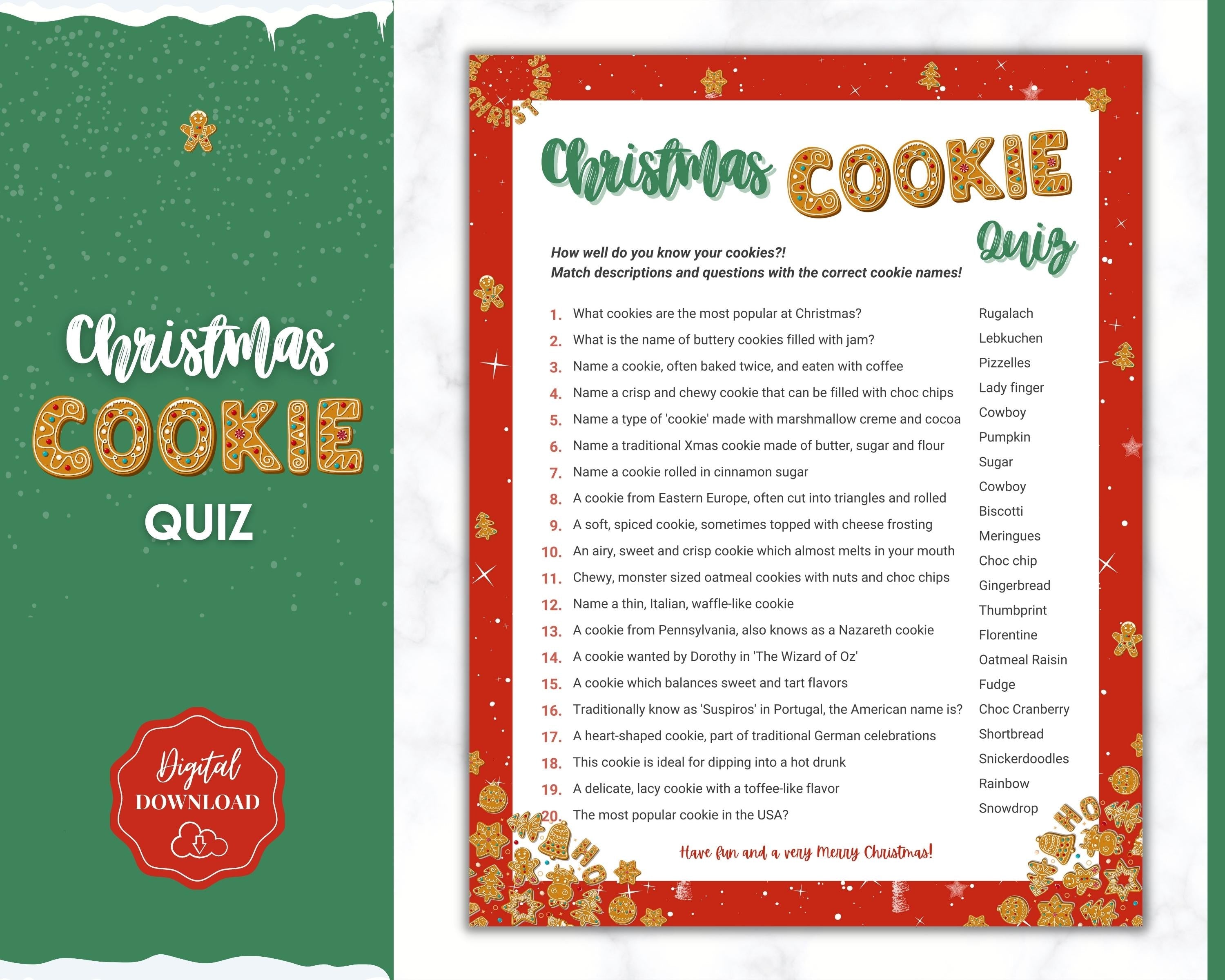 Christmas Cookie Quiz Game  Holiday Xmas Party Game Printables for th