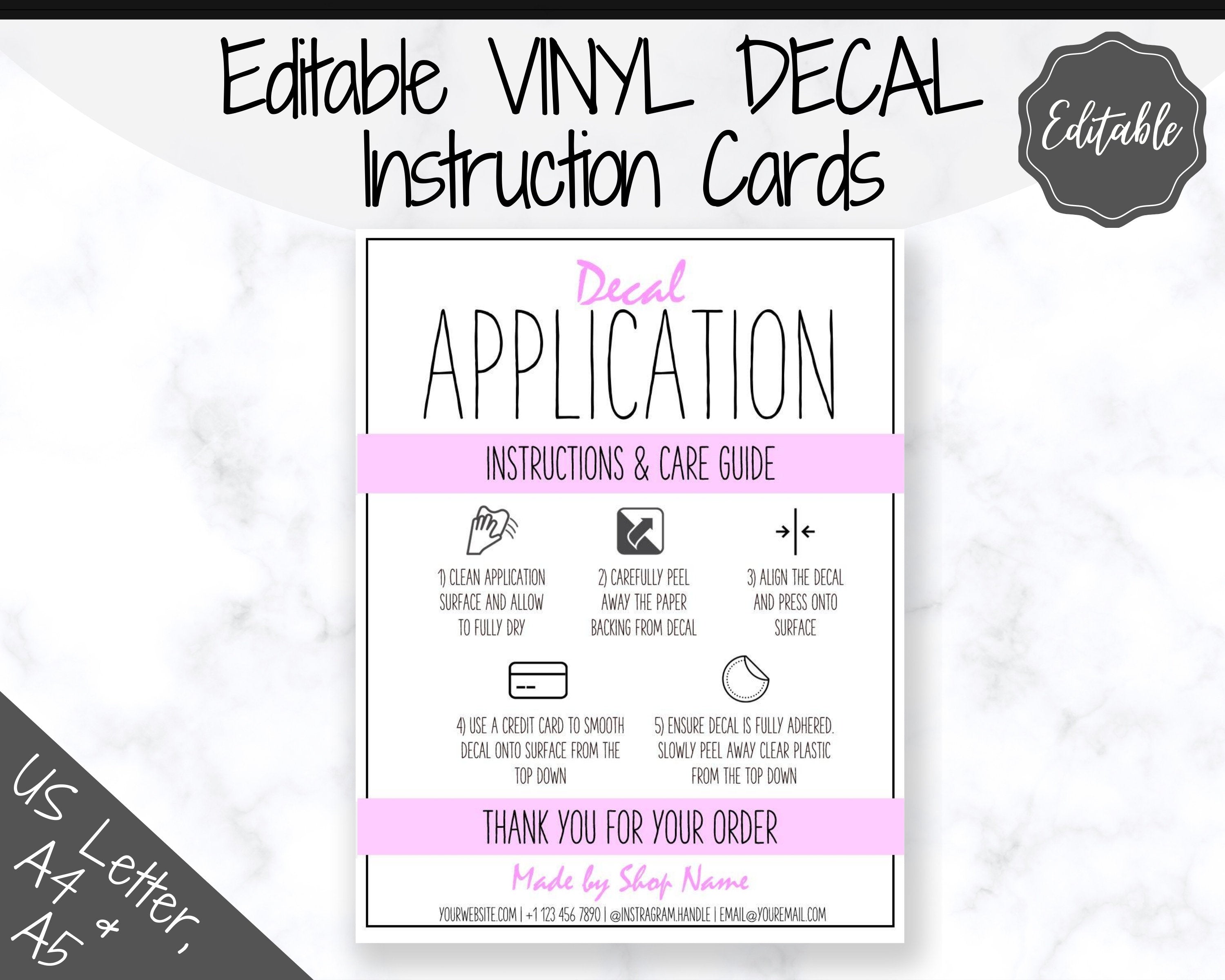 EDITABLE Vinyl Decal Care Card Printable Instructions