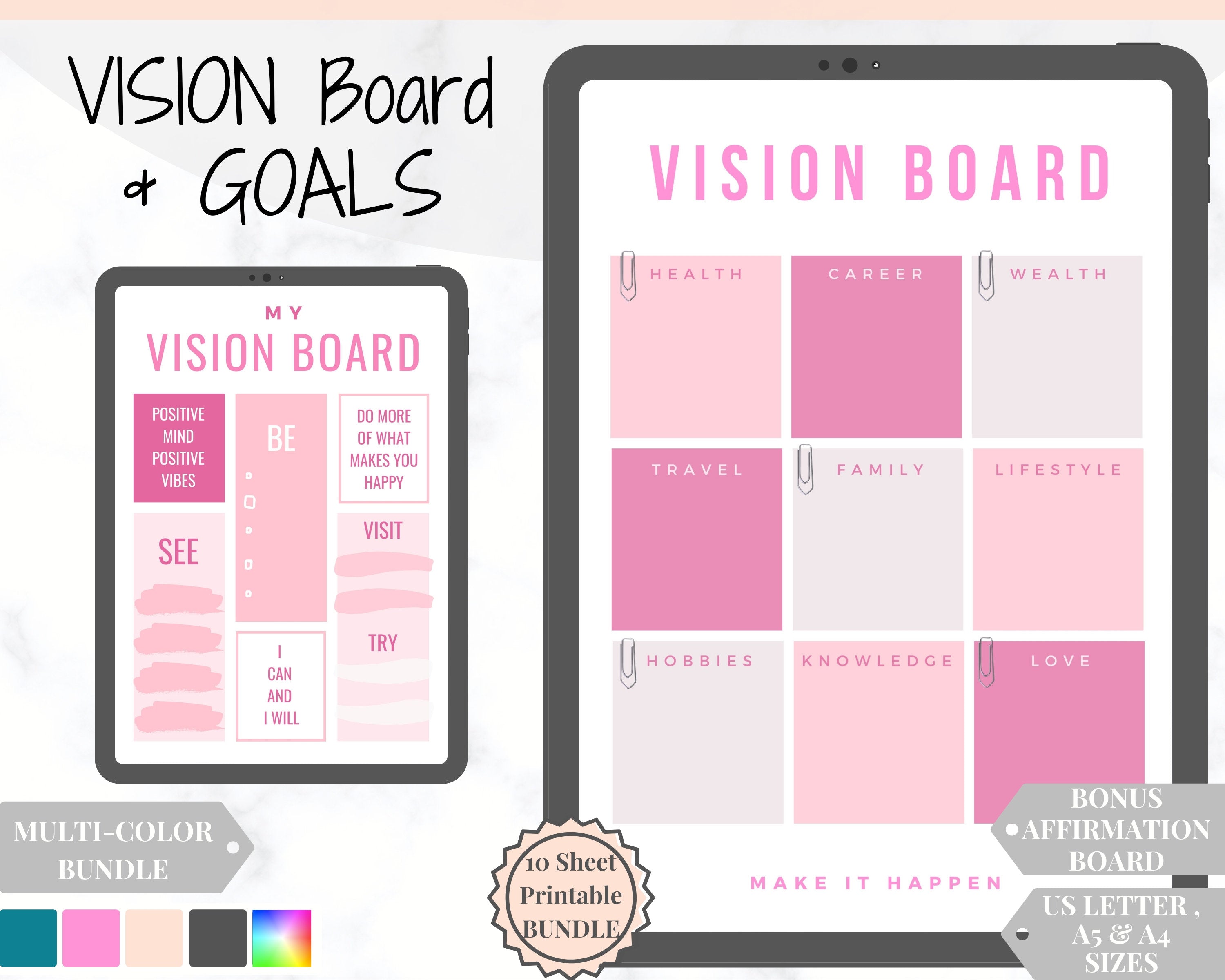 Vision Board & Goal Planner Affirmation Printables Pink