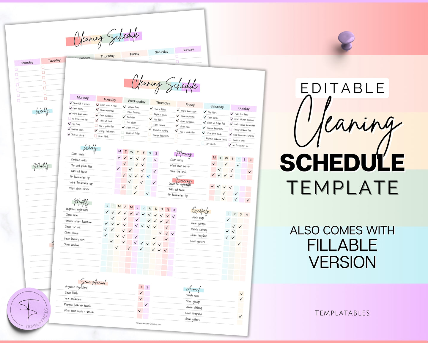 Editable Cleaning Schedule Template | Includes EDITABLE Cleaning Checklist, Cleaning Planner, Weekly House Chores, Clean Home Routine & Monthly Cleaning List | Rainbow