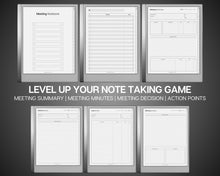 Load image into Gallery viewer, Meeting Minutes Template for reMarkable Tablet |  Meeting Agenda, Note Taking, Project planner, Task List Templates
