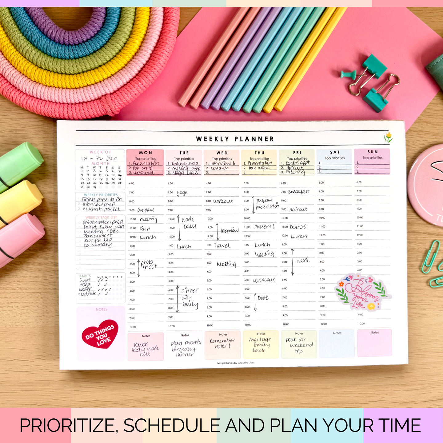 Weekly Hourly Planner Notepad, Daily Planner Desk Pad, Weekly Schedule, To Do List Note Pad, ADHD Planner | 50 Undated Tear Away Sheets A4 | Colorful