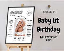 Load image into Gallery viewer, EDITABLE First Birthday Milestone Sign | 1st Birthday Poster, Baby Milestone decor, Canva Template &amp; Photo Collage Poster | Jackson
