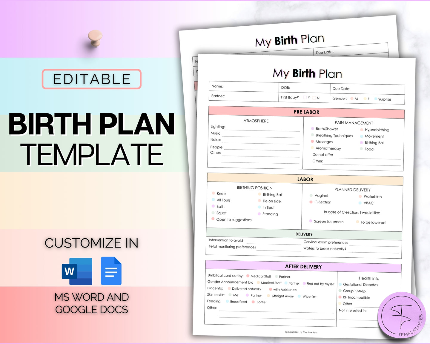 EDITABLE Birth Plan Template | Includes Birth Preferences, Birthing Plan Checklist, Pregnancy Planner, Natural Birth & Hypnobirthing | Colorful