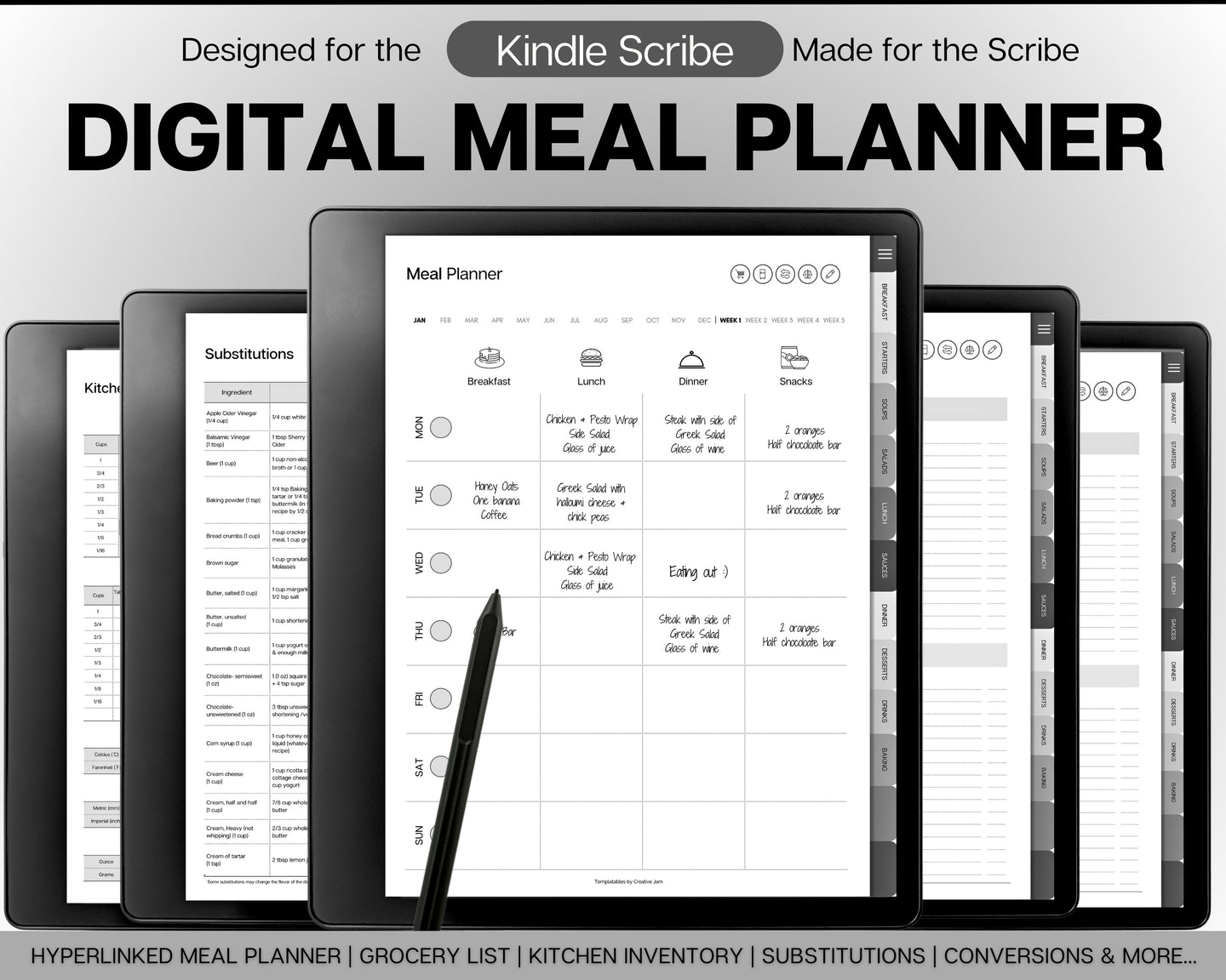 Weekly Meal Planner for the Kindle Scribe | Digital Meal Planner with Meal Plan Template, Meal Prep, Grocery List for Kitchen & Food Menu