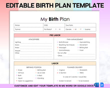 Load image into Gallery viewer, EDITABLE Birth Plan Template | Includes Birth Preferences, Birthing Plan Checklist, Pregnancy Planner, Natural Birth &amp; Hypnobirthing | Colorful
