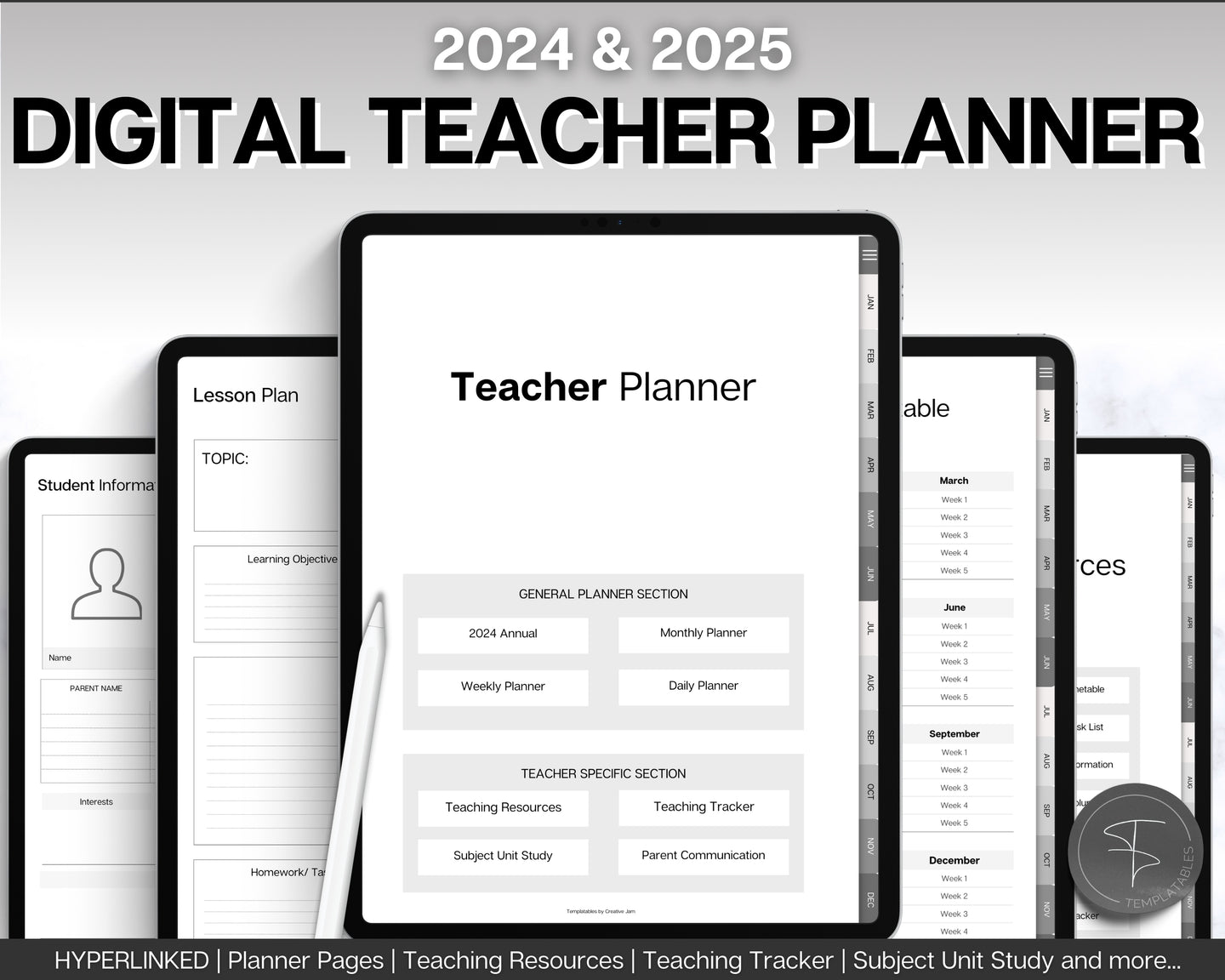 Digital Teacher Planner - 2024 & 2025 Academic Planner | GoodNotes Homeschool Lesson Plan Template for iPad | Monochrome Minimalist