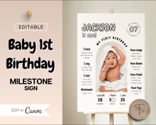 Load image into Gallery viewer, EDITABLE First Birthday Milestone Sign | 1st Birthday Poster, Baby Milestone decor, Canva Template &amp; Photo Collage Poster | Jackson
