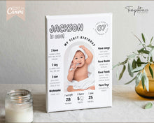 Load image into Gallery viewer, EDITABLE First Birthday Milestone Sign | 1st Birthday Poster, Baby Milestone decor, Canva Template &amp; Photo Collage Poster | Jackson
