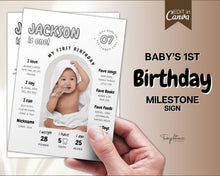 Load image into Gallery viewer, EDITABLE First Birthday Milestone Sign | 1st Birthday Poster, Baby Milestone decor, Canva Template &amp; Photo Collage Poster | Jackson
