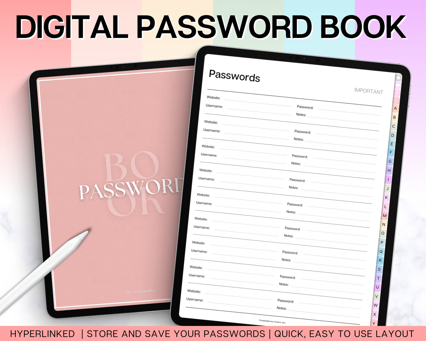 Digital Password Book | Password Tracker with tabs, Password Keeper & Organizer, Password Log | Perfect for Goodnotes, Notability, iPad & Digital Notebook | Colorful