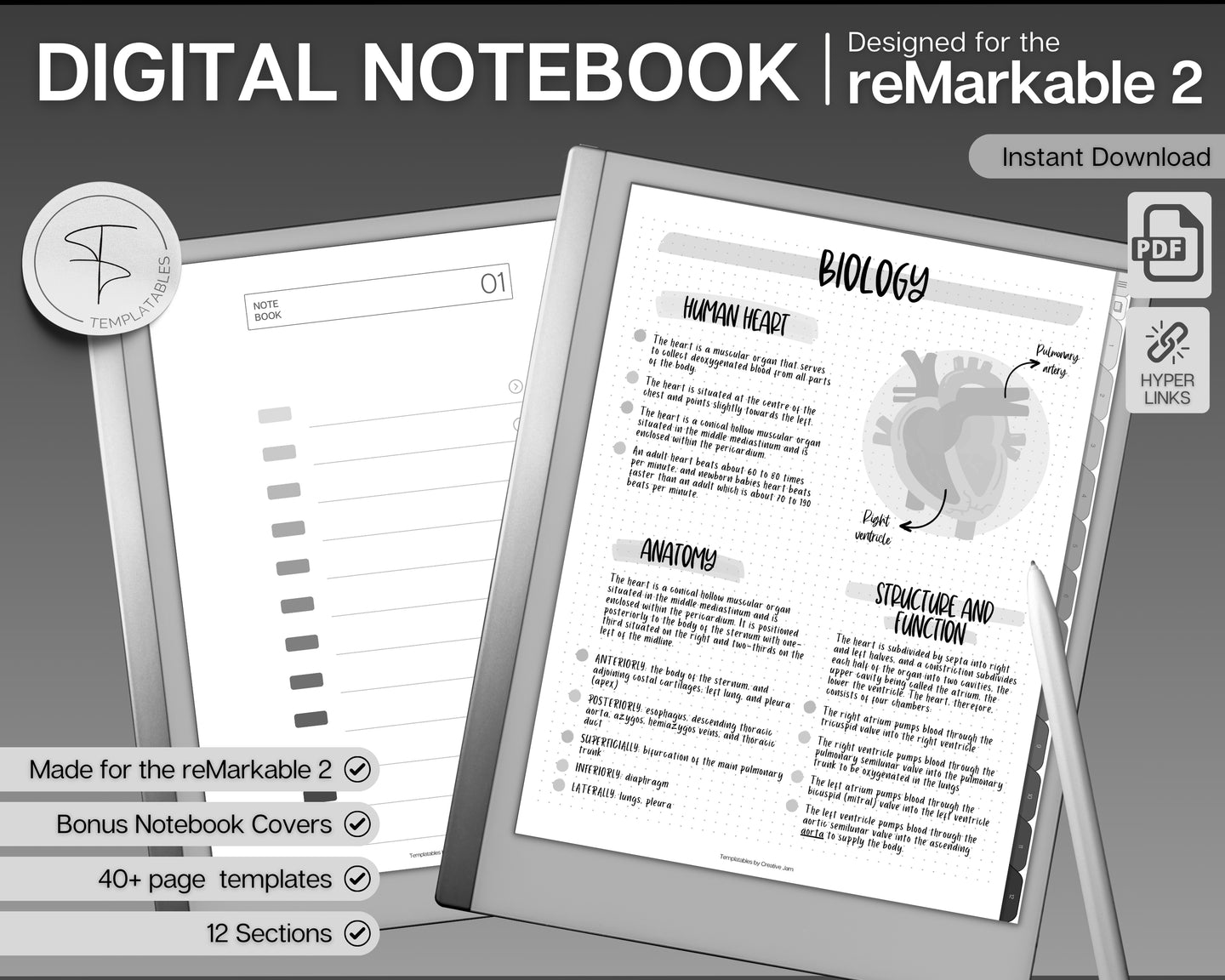 Digital Notebook for the reMarkable | 40+ Hyperlinked Cornell, Lined, Dotted, Grid Page Templates