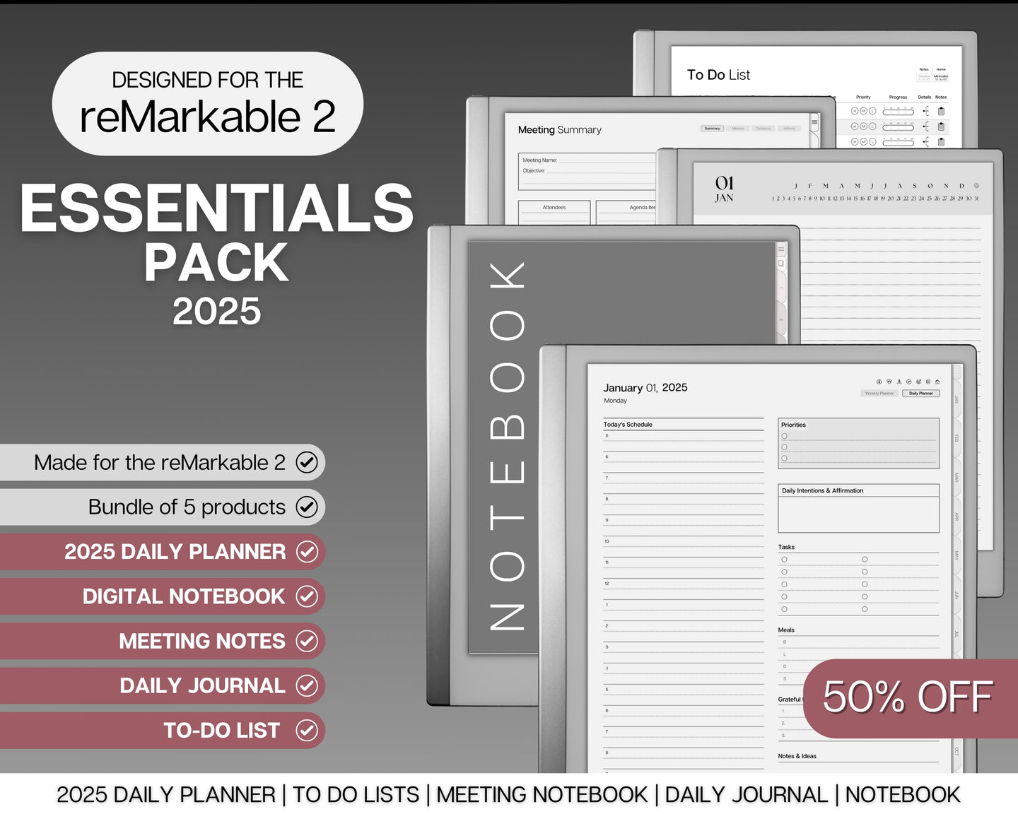 ESSENTIALS template pack for the reMarkable 2 | 2025 Daily Planner, Digital To Do List, Meeting Minutes, Meeting Notes, Journal & Notebook