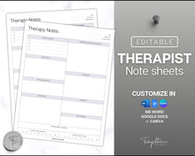 Load image into Gallery viewer, EDITABLE Therapist Note Templates | Includes Therapy Note sheet, Therapist Progress Notes, Therapy Session Template, Counselling Planner &amp; Therapy Journal Canva
