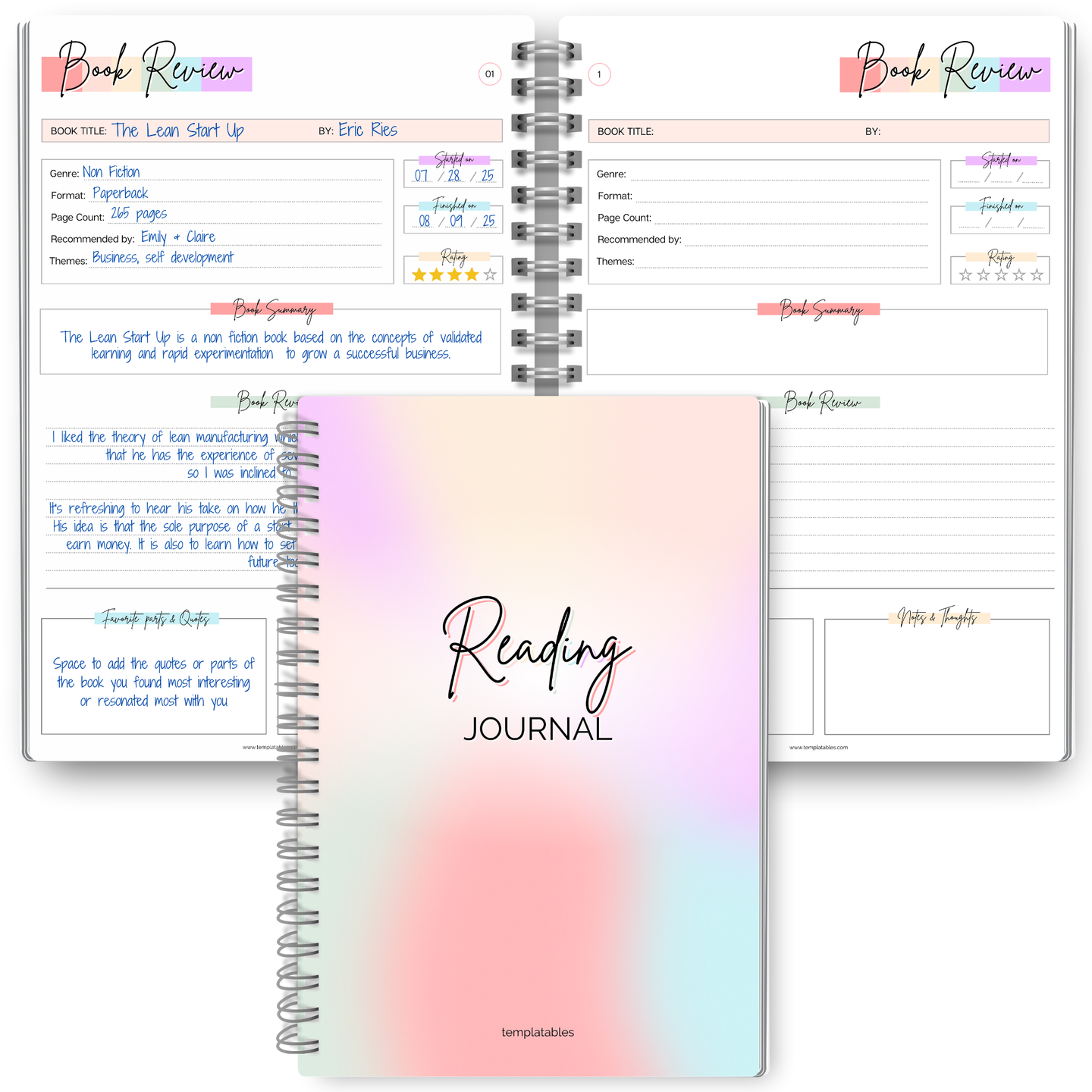 Reading Journal for Book Lovers | Log Book to Summarize, Review and Rate the Books you've Read | A5 Pastel Rainbow