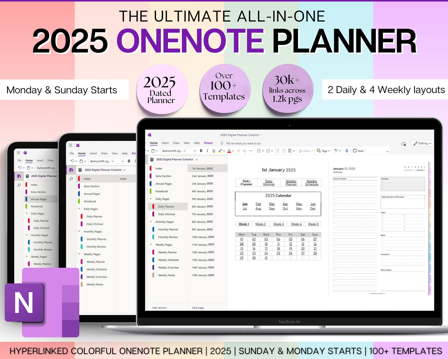 2025 OneNote Digital Planner | OneNote Template for Daily, Weekly & Monthly Planning | Colorful