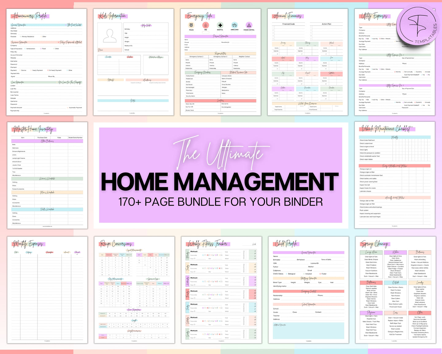 The Colorful Home Management Binder Bundle! includes 170pg Household Planner for Cleaning, Emergency, Budget, Meal planners & checklists, Life Binder