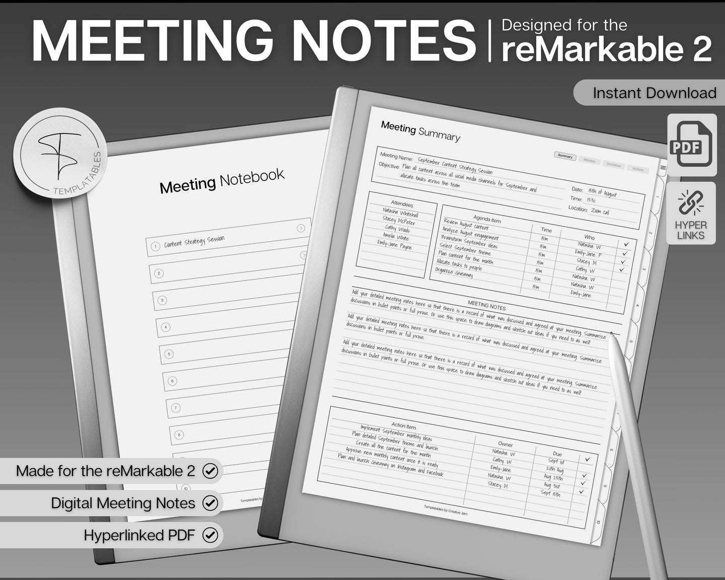 Meeting Minutes Template for reMarkable Tablet |  Meeting Agenda, Note Taking, Project planner, Task List Templates