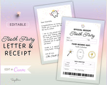 Load image into Gallery viewer, EDITABLE Tooth Fairy Letter | Tooth Fairy Receipt Template with Note, Toothfairy Certificate, Canva Template, Lost or First Tooth Gift
