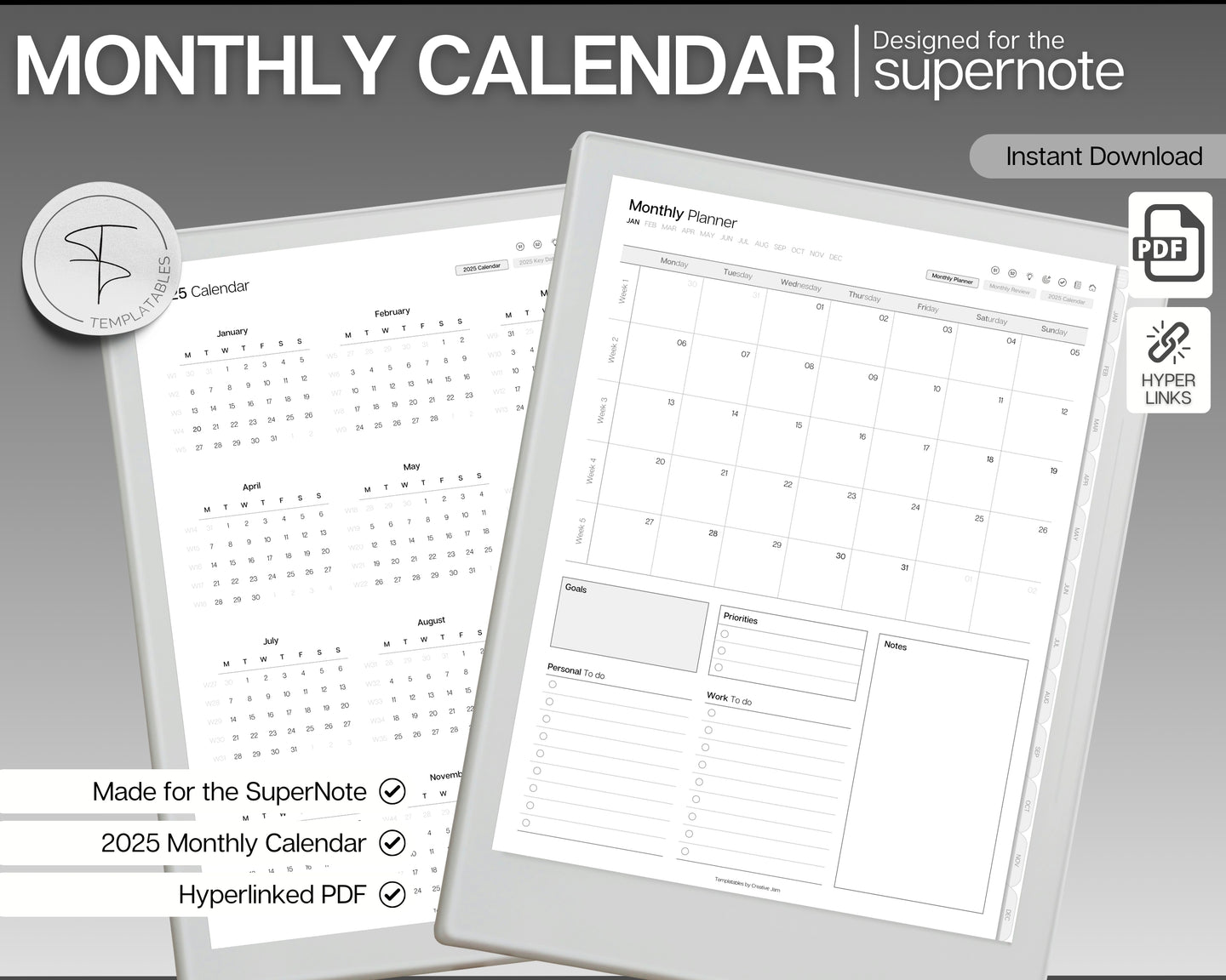 2025 Monthly Planner for Supernote | Hyperlinked Digital Planner for Calendar, Schedule & a5x a6x Supernote Planner | Perfect Template for Supernote