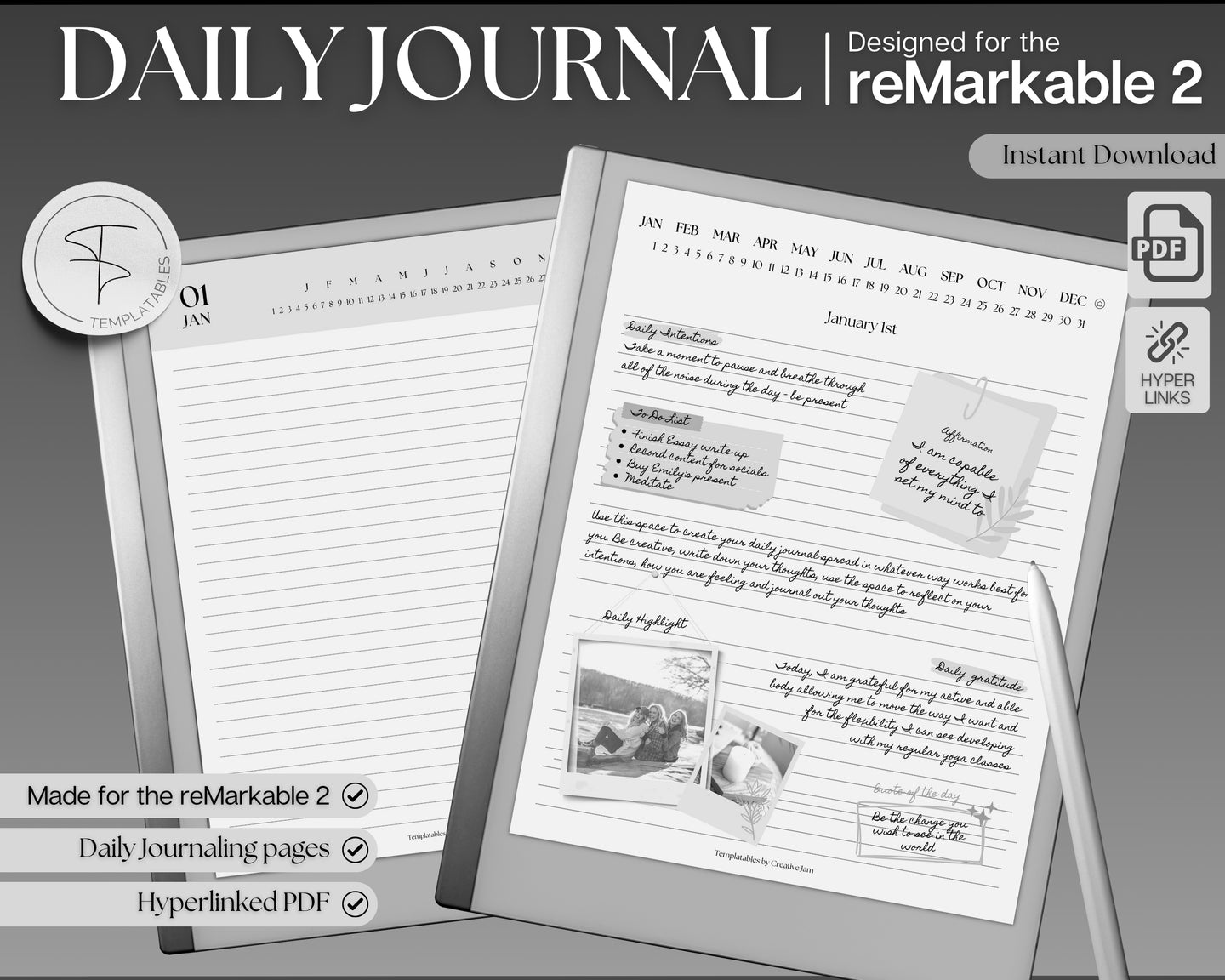 Daily Journal for the reMarkable | Digital Hyperlinked Lined Notebook