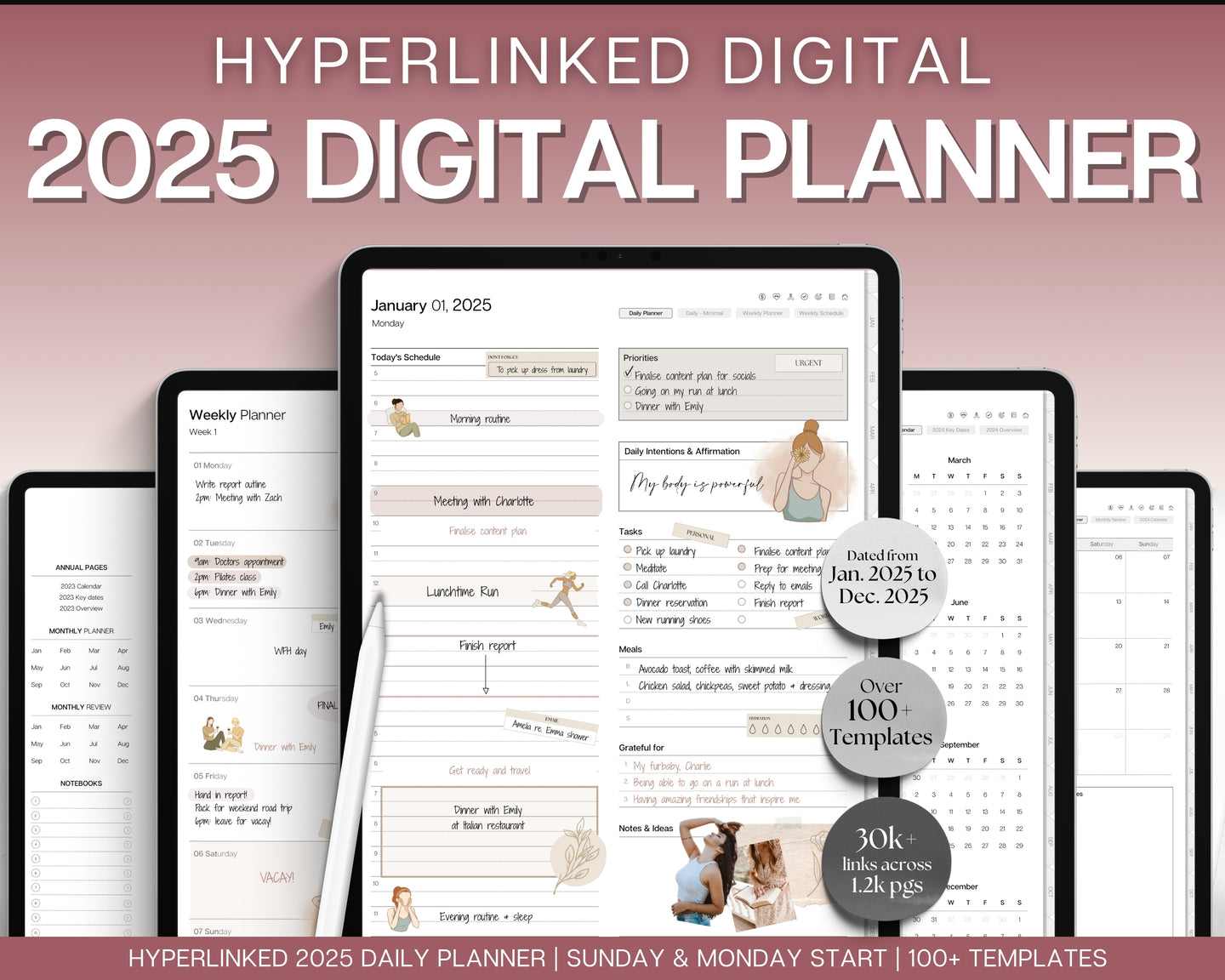 2025 Ultimate Digital Planner | Daily, Weekly, Monthly Planner for iPad & GoodNotes, That Girl Aesthetic, 2024 & 2025 | Mono