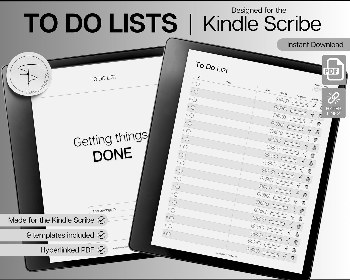 To Do List templates for Kindle Scribe | Digital TO DO LISTS with 9 hyperlinked templates, Weekly planner, Daily Calendar, adhd to do list & tasks