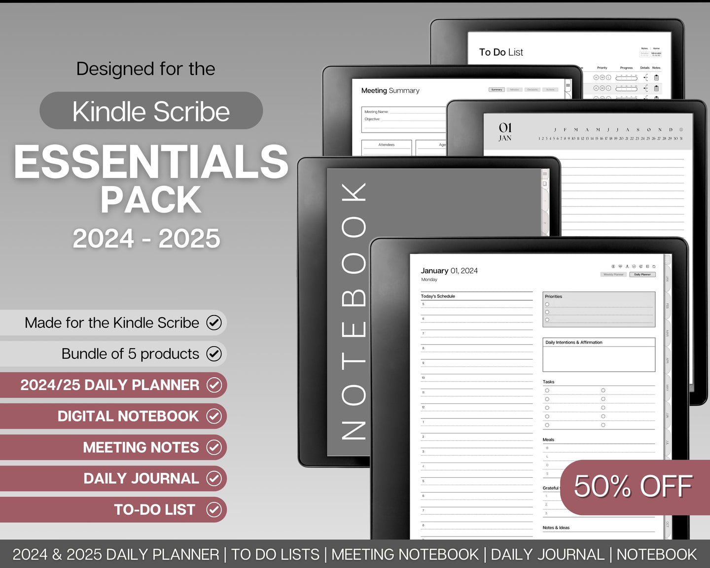 Templates for Kindle Scribe, ESSENTIALS PACK, 2024 & 2025 Daily Planner, Digital To Do List, Meeting Minutes Meeting Notes, Journal Notebook