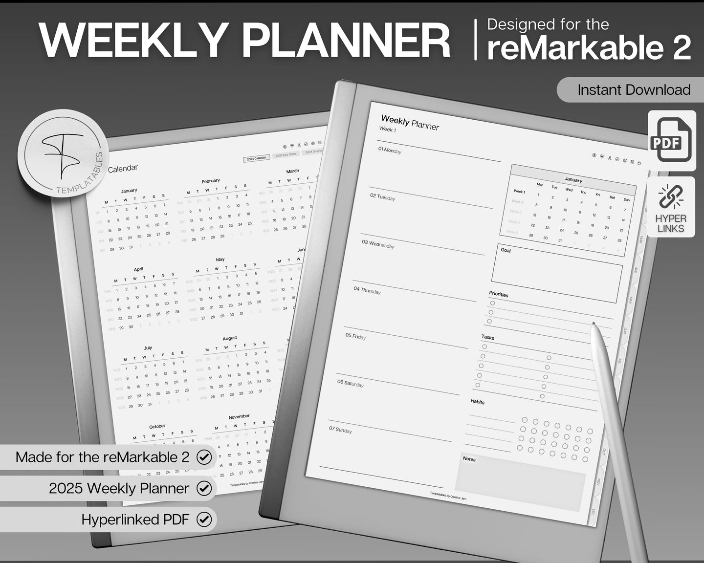 2025 Weekly Planner for reMarkable tablet | 2025 Digital Planner for reMarkable | Weekly Schedule, Calendar, To do list & Task list