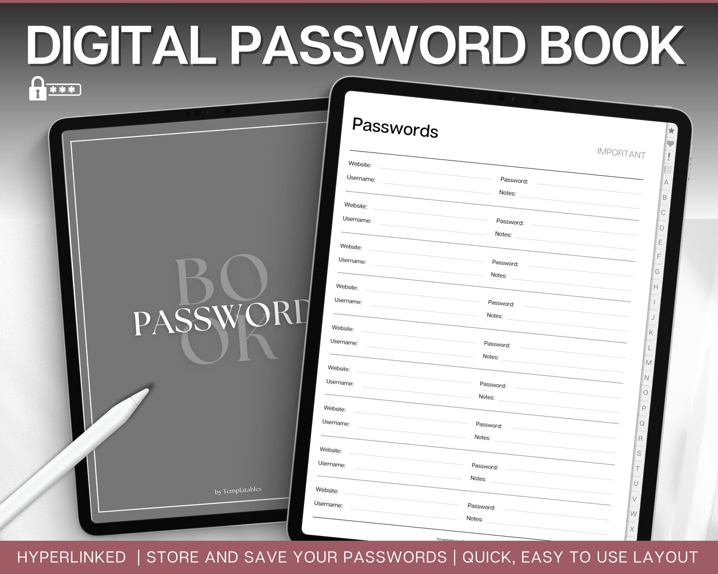 Digital Password Book | Password Tracker with tabs, Password Keeper & Organizer, Password Log | Perfect for Goodnotes, Notability, iPad & Digital Notebook | Mono