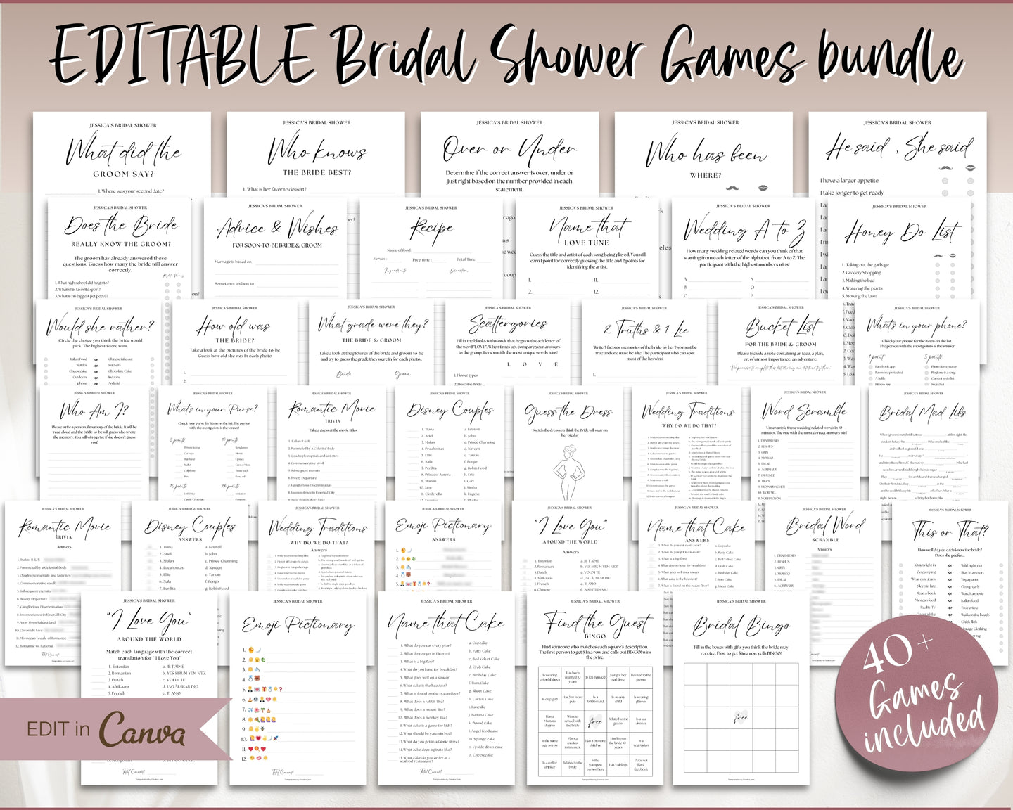 EDITABLE Bridal Shower Game BUNDLE | With 40+ Wedding Shower Games, Bachelorette Party, He said she said, Bridal Feud, Who knows the bride & Bingo