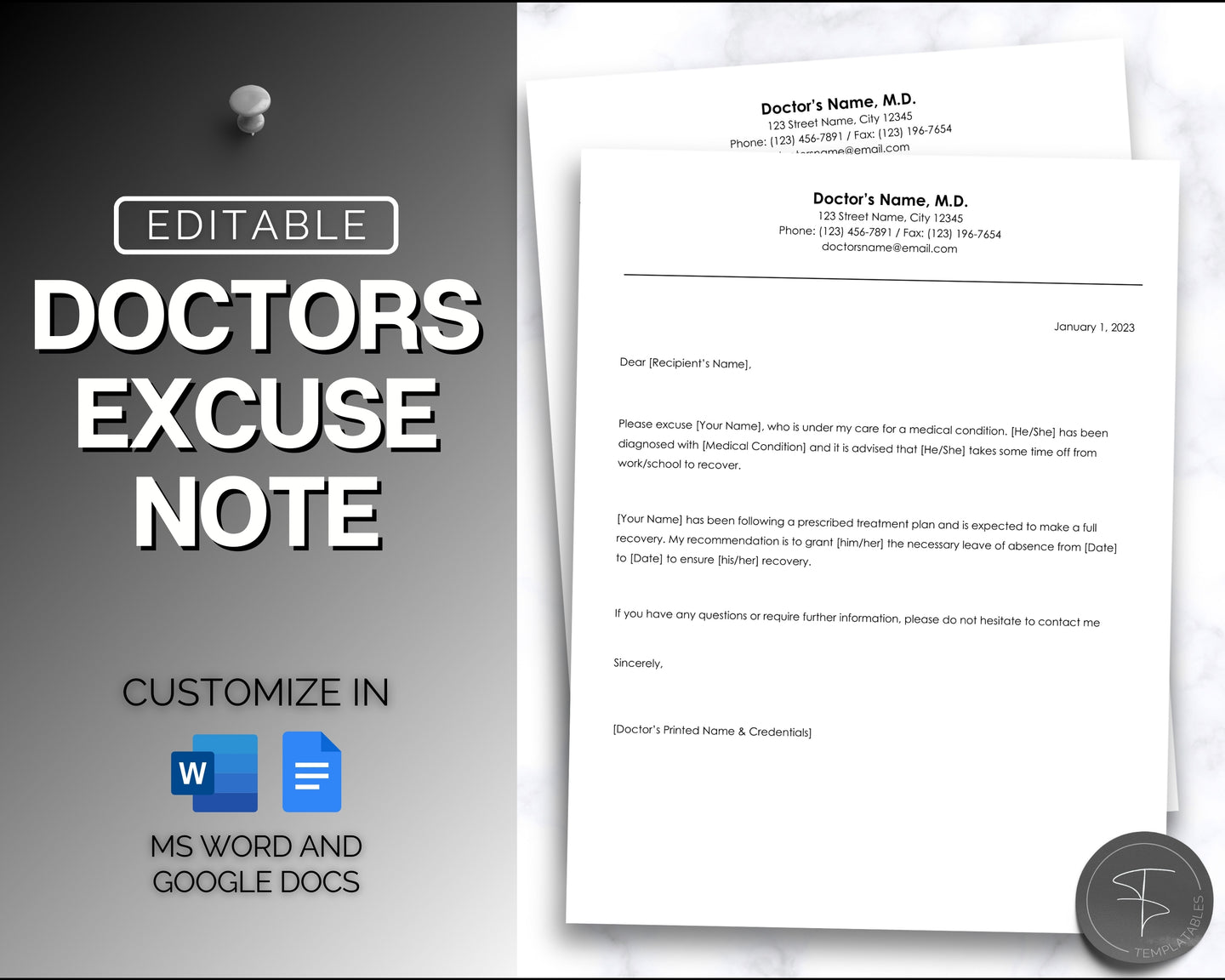 Editable Doctors Excuse Note | Editable Template for Fake Doctors Note, Medical Note for Work, School & Word Template | Perfect for Google Docs | Paragraph