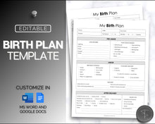 Load image into Gallery viewer, EDITABLE Birth Plan Template | Includes Birth Preferences, Birthing Plan Checklist, Pregnancy Planner, Natural Birth &amp; Hypnobirthing | Mono
