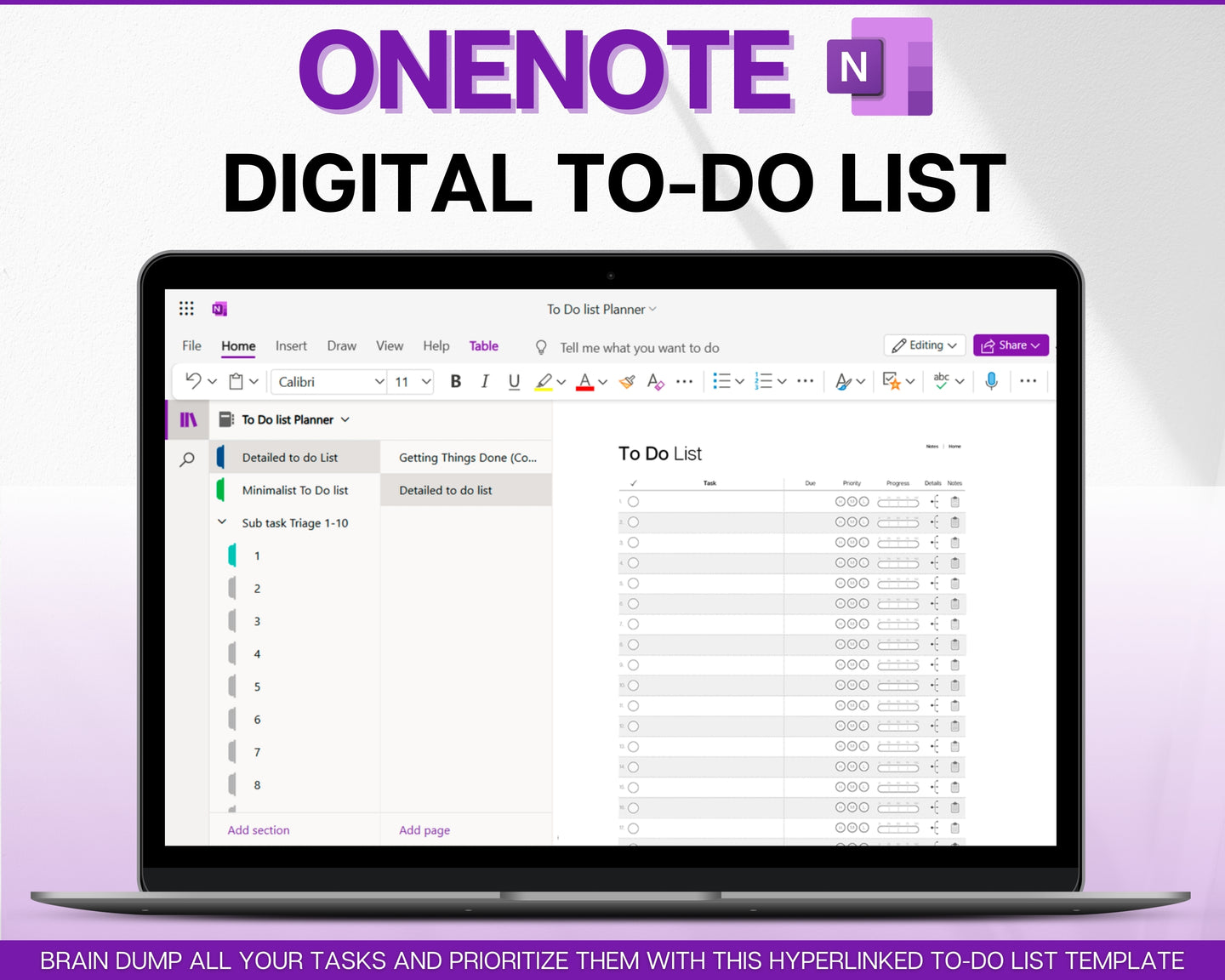 OneNote To Do List Template | Packed with Hyperlinked To Do List for One Note, Digital Task List, Brain Dump Template, ADHD to do list & Minimalist List