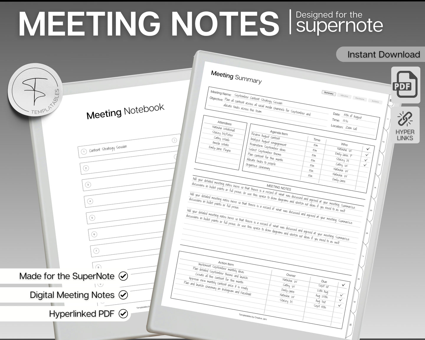 Digital Meeting Notes Template for Supernote | Perfect for Meeting Agenda, Project planner, Supernote Planner | a5x a6x, Template for Supernote