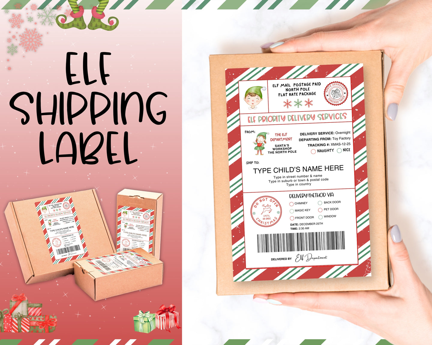 Editable Elf Shipping Label | North Pole Mail Sticker, Elf Arrival Kit, Santa Shipping Label, Delivery Stamp, Elf Mail & Gift Label Sticker