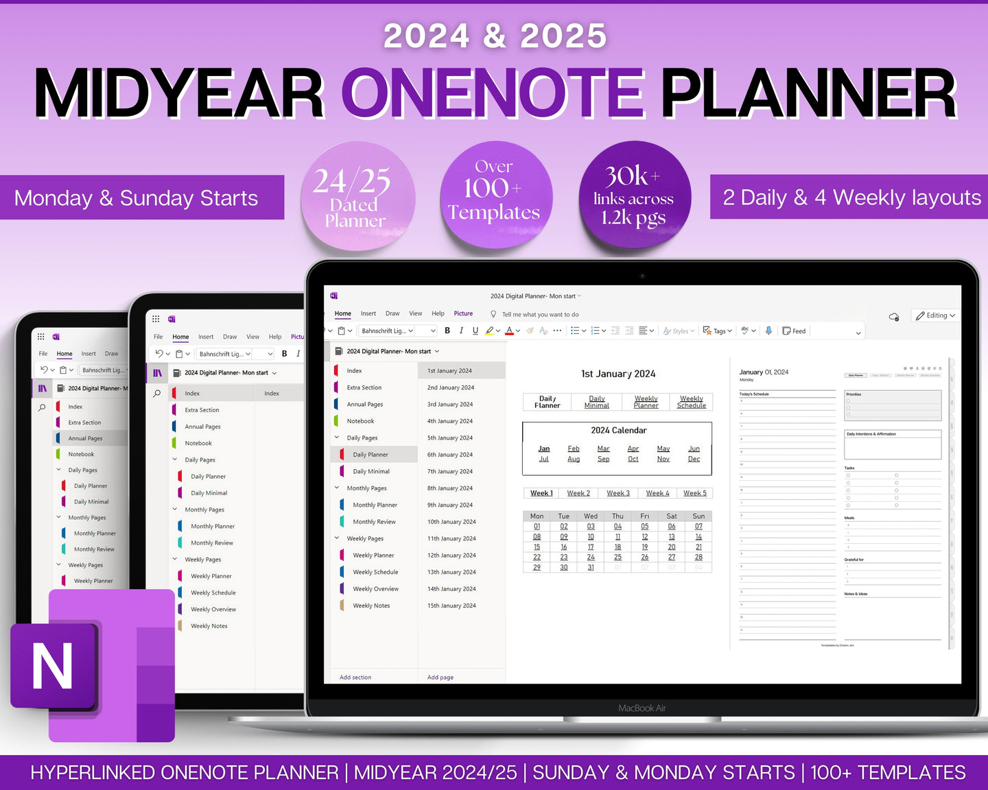 MID YEAR OneNote Planner | Includes 2024 Digital Planner, OneNote Template, Daily, Weekly, Monthly Planning for Windows, Adhd, | Perfect for Notebook & One Note