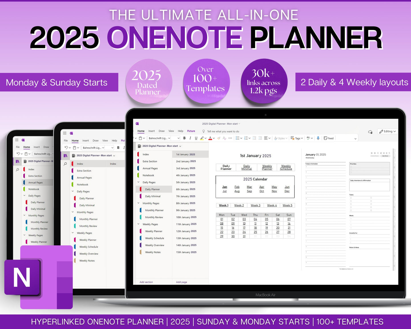 2025 OneNote Digital Planner | OneNote Template for Daily, Weekly & Monthly Planning | Minimalist