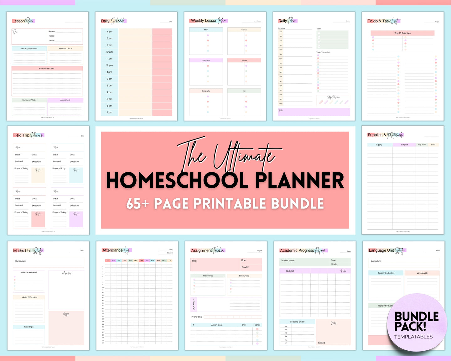 65pg HOMESCHOOL Planner Printable | With 2024 2025 Home School Teacher, Academic Lesson Planner for Preschool, Kindergarden, Homework & Daily Schedule