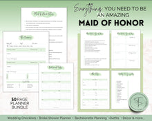 Load image into Gallery viewer, 50pg Maid of Honor Planner Bundle - Matron of Honor Wedding Planner | To Do List for Bridal Showers &amp; Bachelorette | Green
