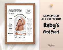 Load image into Gallery viewer, EDITABLE First Birthday Milestone Sign | 1st Birthday Poster, Baby Milestone decor, Canva Template &amp; Photo Collage Poster | Jackson
