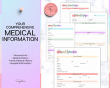 Load image into Gallery viewer, Medical Tracker Bundle | Includes 50 Medical Binder pages, Medical Planner, Printable Medication, Symptom, Bill, Doctor Visits &amp; Health Pain trackers | Colorful
