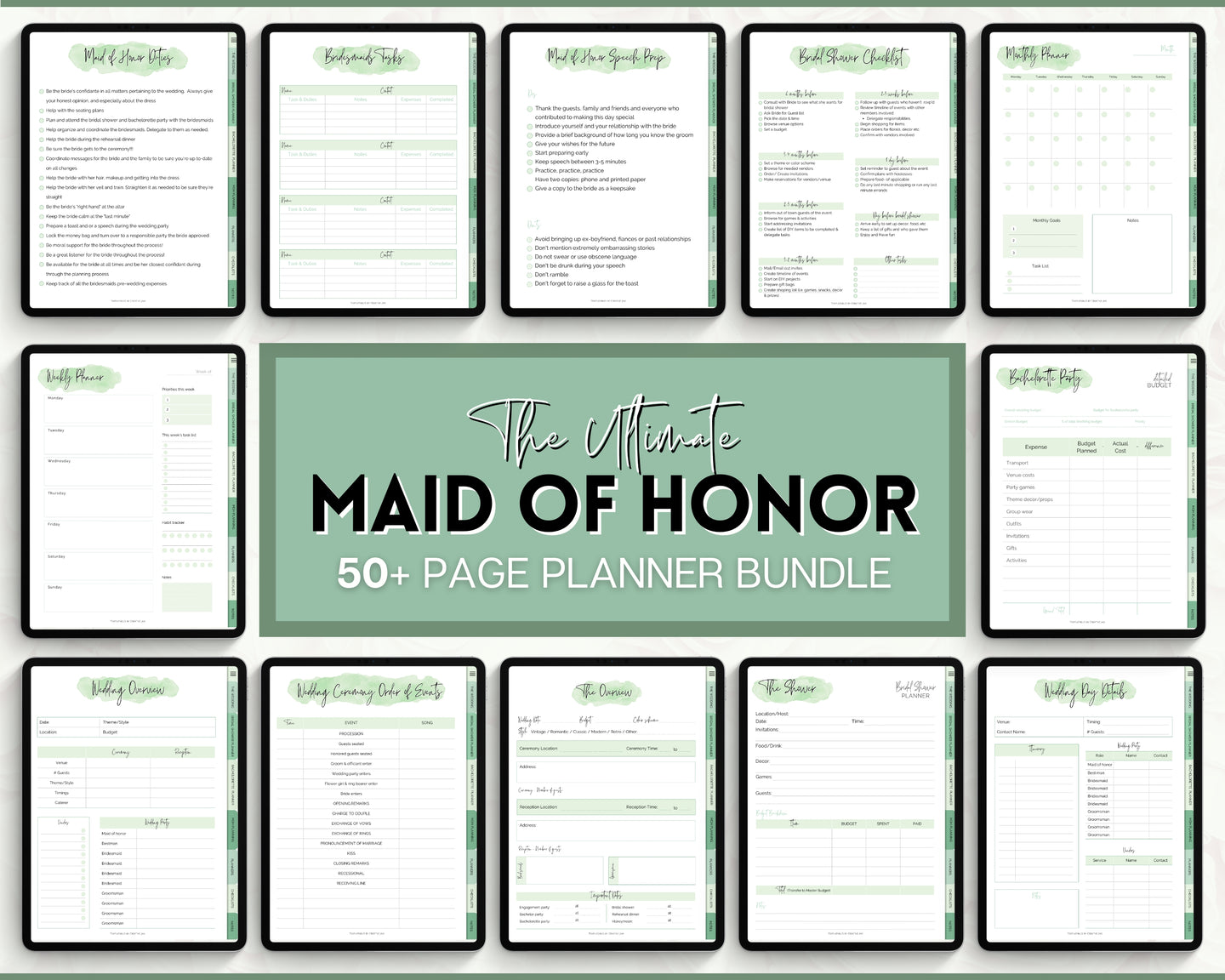 Digital Maid of Honor Planner | Matron of Honor Digital Planner, MOH Binder Book, Wedding Checklist, Bridal Shower, Bachelorette & GoodNotes | Green