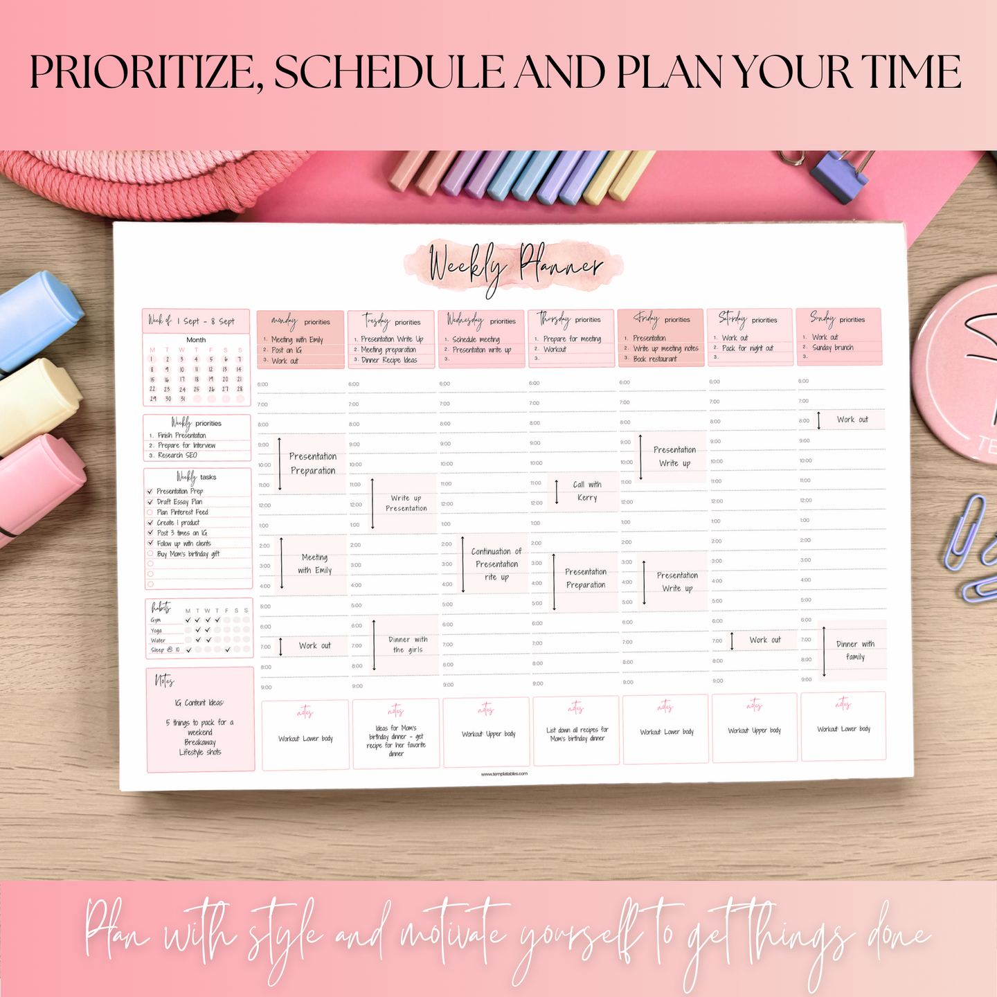 Weekly Hourly Planner Notepad, Daily Planner Desk Pad, Weekly Schedule, To Do List Note Pad, ADHD Planner | 50 Undated Tear Away Sheets A4 | Pink