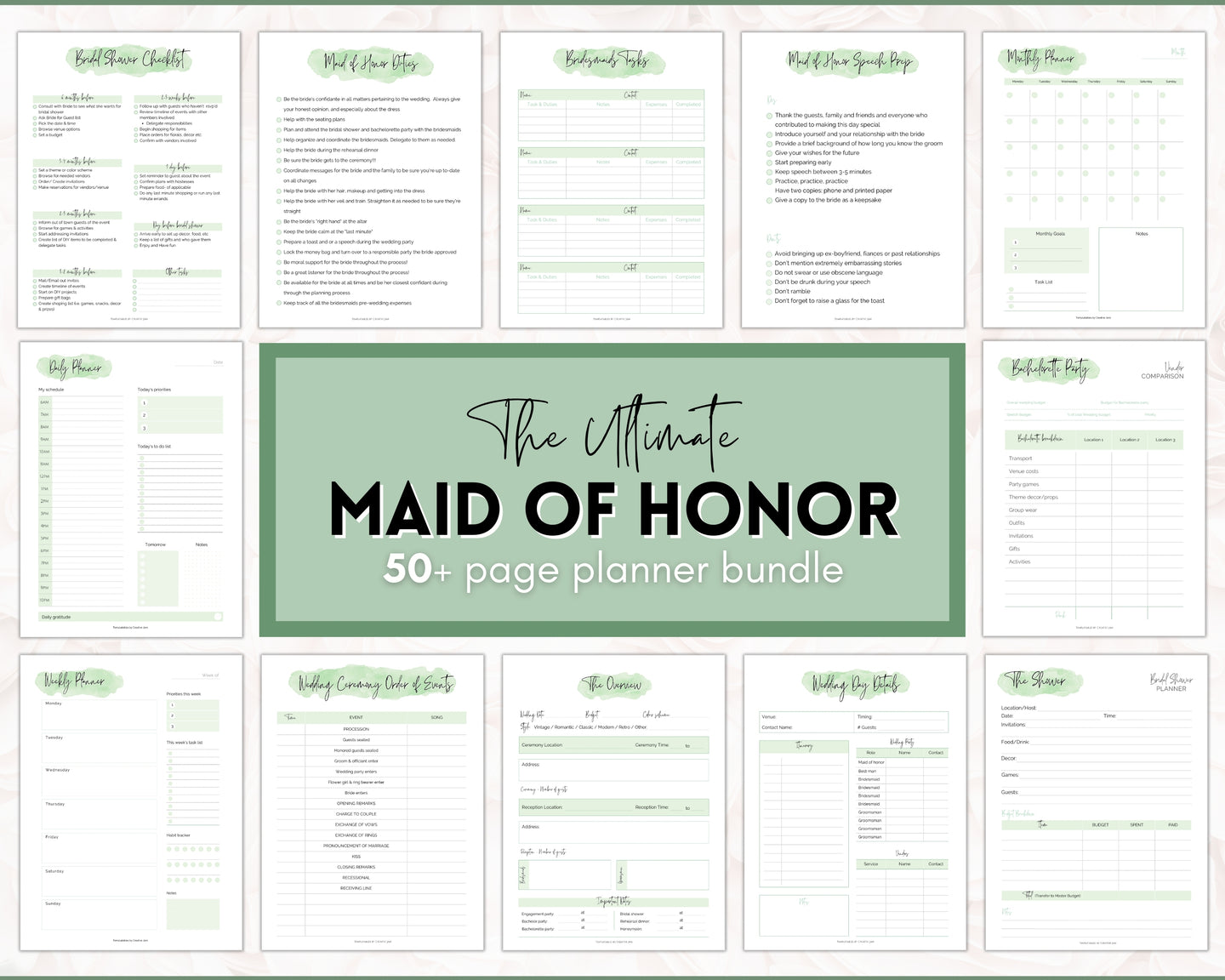 50pg Maid of Honor Planner Bundle - Matron of Honor Wedding Planner | To Do List for Bridal Showers & Bachelorette | Green