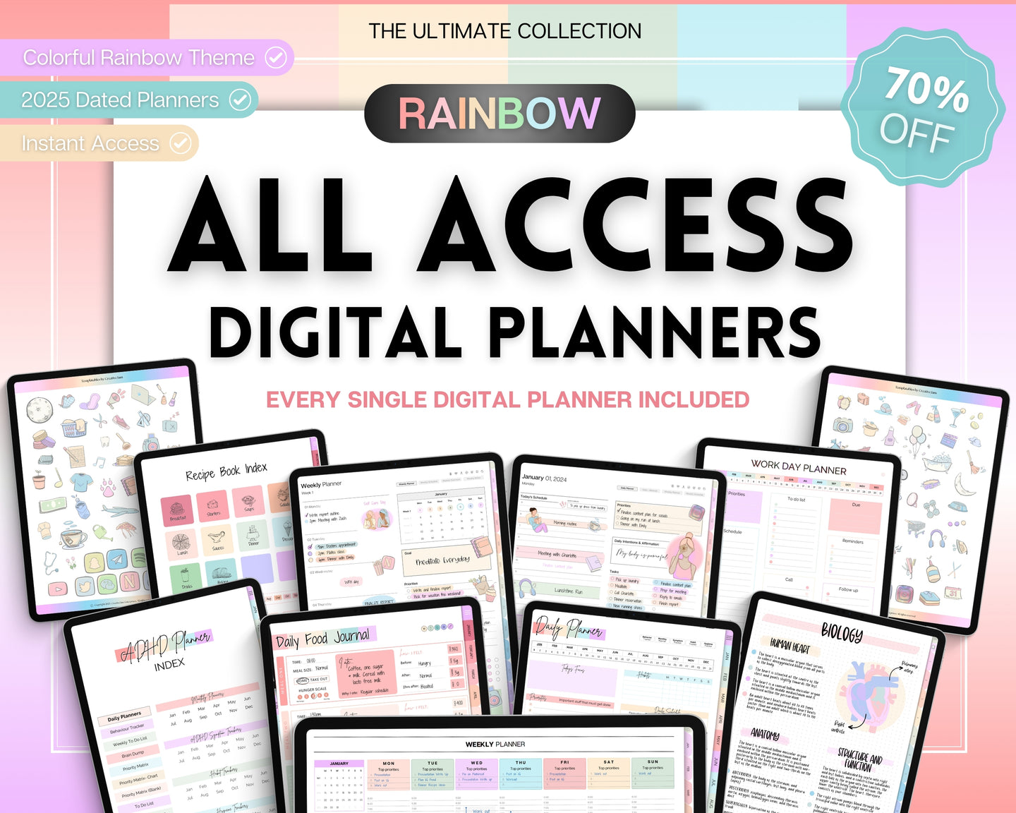 ALL ACCESS Digital Planners | 2025 Colorful Planner Bundle with Daily Weekly Planners | For  Recipe, Notebook, Fitness, Goal, Budget & Meal & ADHD | Undated