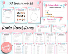 Load image into Gallery viewer, Gender Reveal Games Bundle | Includes Gender reveal party, Baby announcement, What will baby be, Bingo, Baby predictions &amp; Blue or pink party games | Balloons
