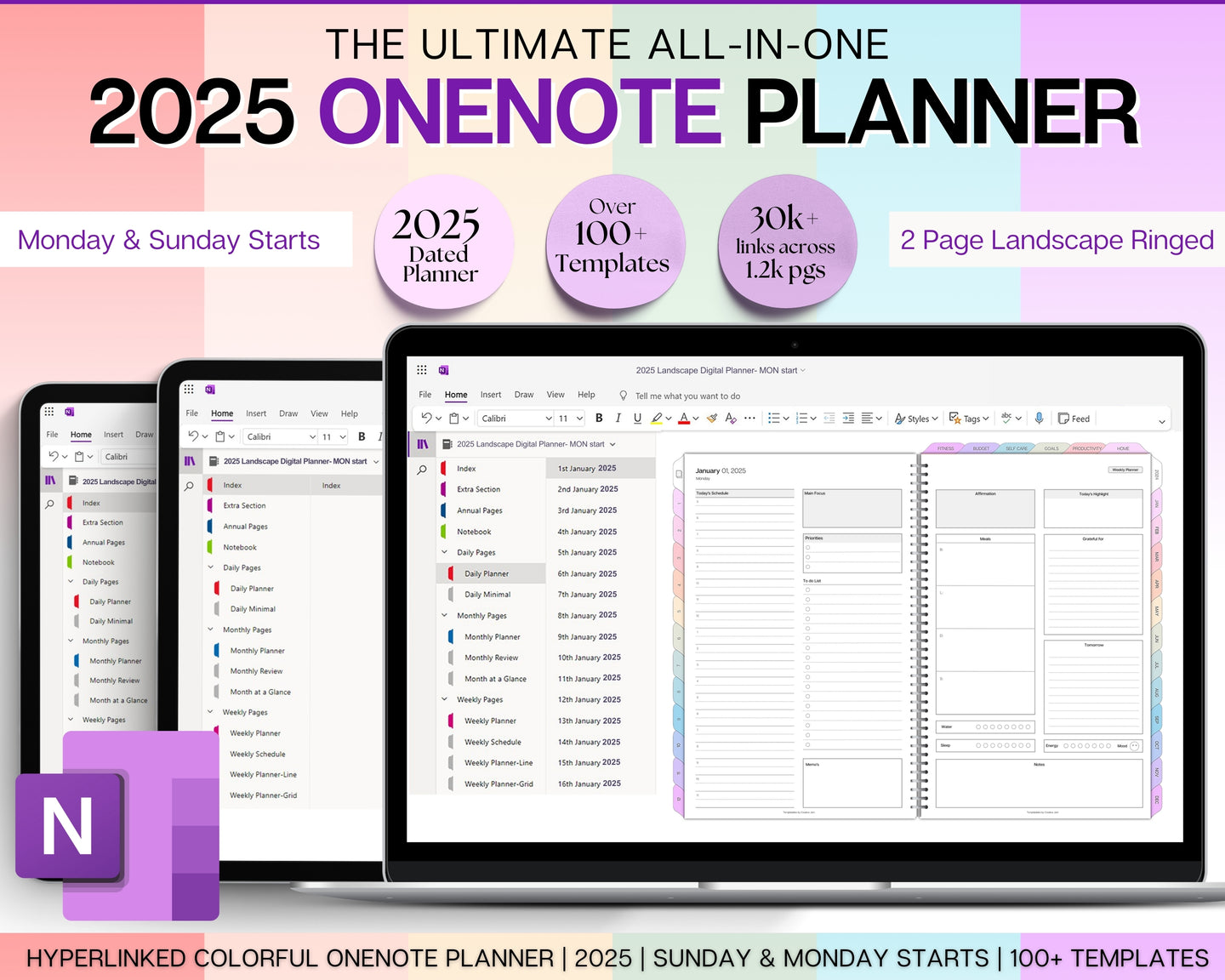 COLORFUL 2025 OneNote Planner | 2025 Digital Planner with OneNote Templates, Daily, Weekly & Monthly | Perfect for Windows, Adhd, Notebook & One Note | Colorful