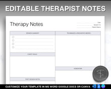 Load image into Gallery viewer, EDITABLE Therapist Note Templates | Includes Therapy Note sheet, Therapist Progress Notes, Therapy Session Template, Counselling Planner &amp; Therapy Journal Canva
